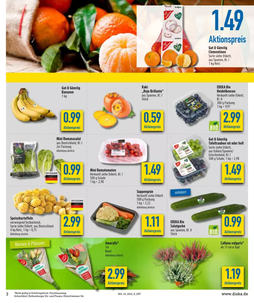 Aktueller Prospekt Diska - Prospekte - von 24.10 bis 29.10.2022 - strona 3 - produkty: aktionspreis, banane, bananen, beere, beeren, bio, burger, deka, edeka bio, eis, fisch, gurke, heidelbeere, heidelbeeren, Kaki, kartoffel, kartoffeln, LG, reis, Romanasalat, Romatomaten, salat, Salatgurke, Schal, Schale, speisekartoffeln, suppe, suppen, tafeltrauben, Ti, tomate, tomaten, topf, trauben