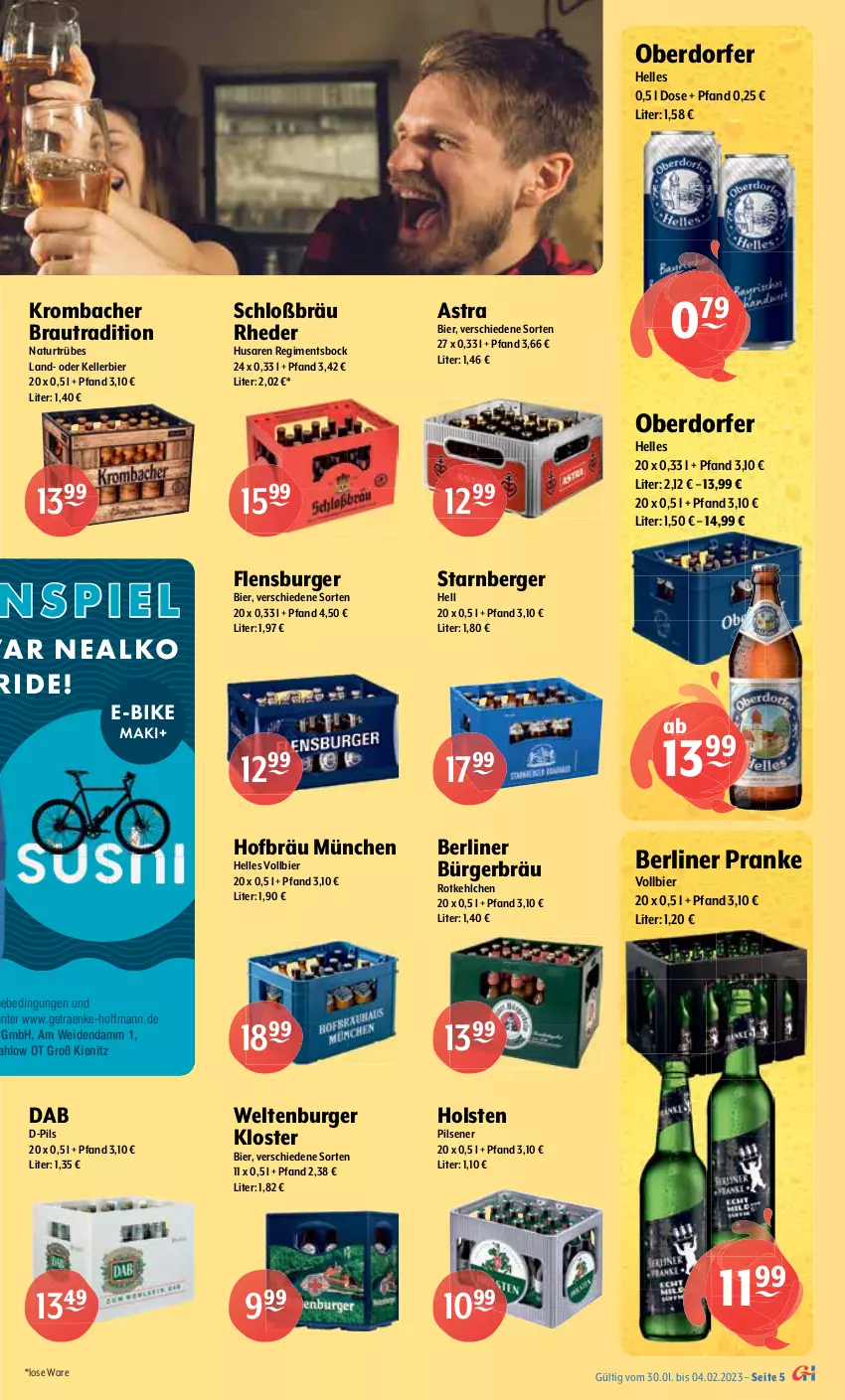 Aktueller Prospekt Getraenke Hoffmann - Prospekte - von 30.01 bis 04.02.2023 - strona 5 - produkty: alkohol, Alpirsbacher, Astra, Berger, berliner, bier, burger, carlsberg, drink, E-Bike, eis, elle, flensburger, getränk, getränke, gewinnspiel, Hefe, holsten, kellerbier, köstritzer, krombache, krombacher, natur, Paula, paulaner, pils, pilsener, Schultheiss, Ti, tyskie, weihenstephan, WICK