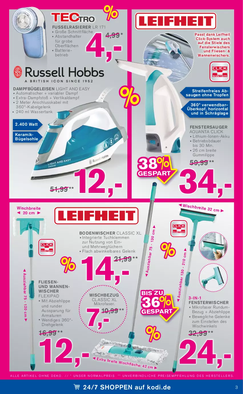 Aktueller Prospekt Kodi - Prospekte - von 19.03 bis 24.03.2022 - strona 3 - produkty: akku, aqua, armatur, armaturen, auer, auto, batterie, bodenwischer, Brei, bügel, Bügeleisen, dampfbügeleisen, eis, elle, fenster, fenstersauger, ipad, leifheit, LG, mikrofaser, rasierer, reifen, reis, Ria, rwe, teller, Ti, tisch, tuc, tücher, Wanne, wasser, wassertank