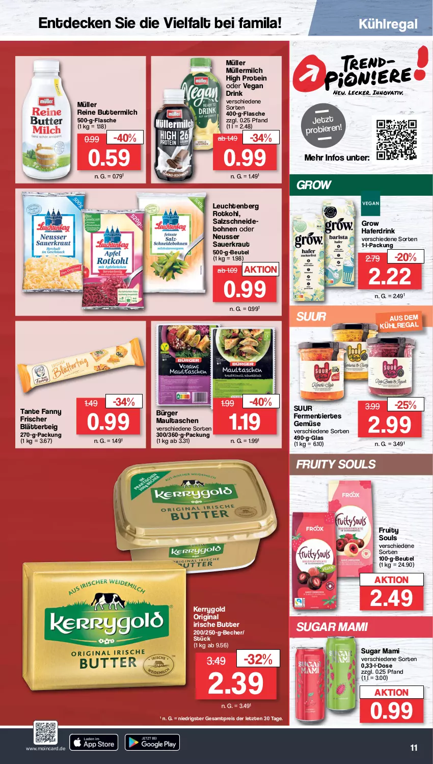 Aktueller Prospekt Famila - Prospekte - von 24.10 bis 29.10.2022 - strona 11 - produkty: auer, Becher, beutel, bier, Biere, blätterteig, bohne, bohnen, butter, buttermilch, decke, drink, eis, flasche, gin, hafer, Haferdrink, irische butter, kerrygold, Kraut, kühlregal, Leuchte, leuchten, mam, maultaschen, milch, Müller, müllermilch, regal, reine buttermilch, reis, rotkohl, salz, Sauerkraut, tante fanny, Tasche, taschen, Ti, ZTE