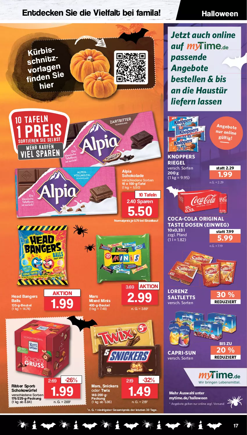 Aktueller Prospekt Famila - Prospekte - von 24.10 bis 29.10.2022 - strona 17 - produkty: alpia, angebot, angebote, aust, ball, beutel, Cap, capri-sun, coca-cola, cola, decke, eis, elle, gin, knoppers, lorenz, mars, oder twix, reis, riegel, ritter, ritter sport, saltletts, schoko, schokolade, schokowürfel, snickers, Sport, Ti, Tiere, twix, würfel, ZTE