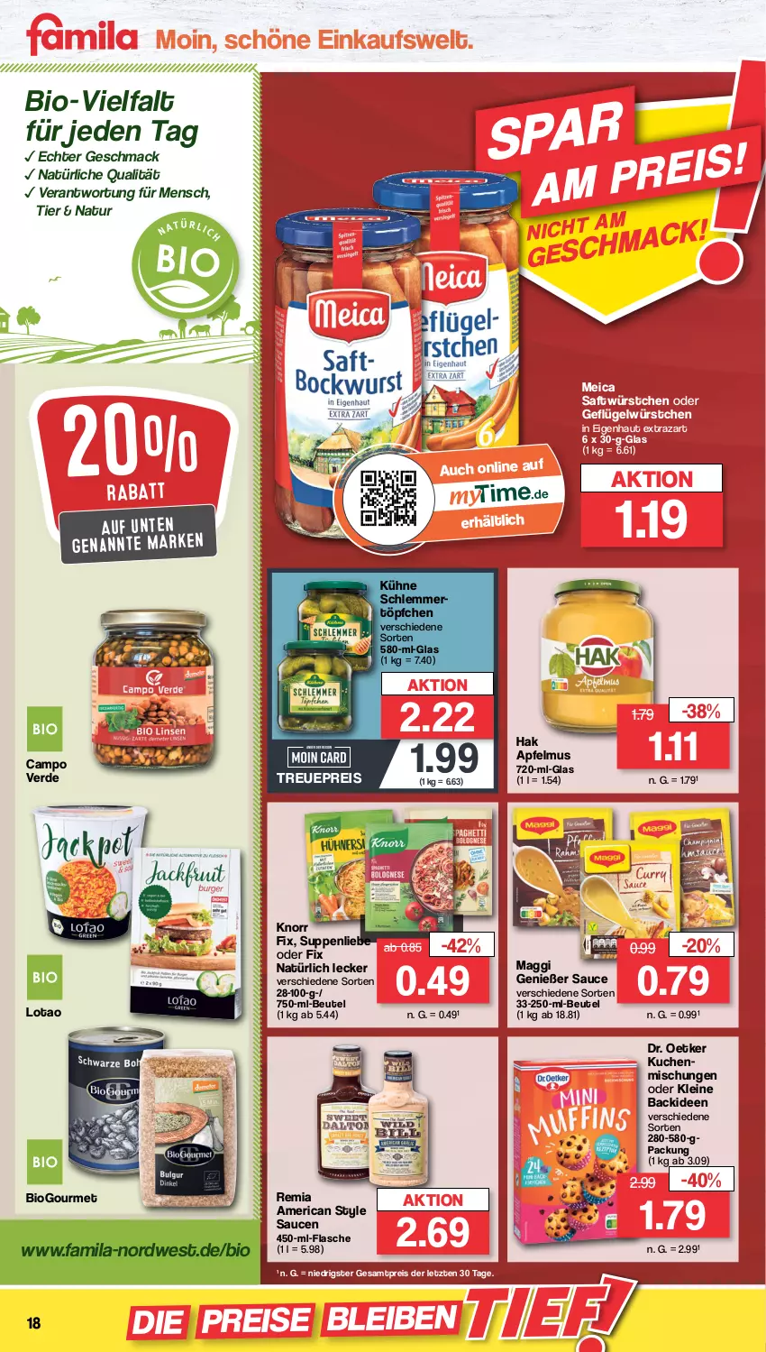 Aktueller Prospekt Famila - Prospekte - von 24.10 bis 29.10.2022 - strona 18 - produkty: apfel, apfelmus, beutel, bio, Campo Verde, Dr. Oetker, eis, erde, flasche, Geflügel, knorr, knorr fix, kuchen, Kühne, leine, mac, maggi, meica, natur, reis, saft, sauce, saucen, suppe, suppen, suppenliebe, Ti, Töpfchen, würstchen, ZTE