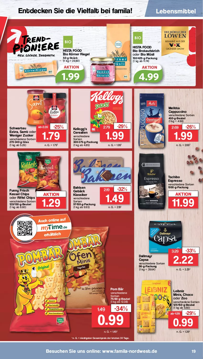 Aktueller Prospekt Famila - Prospekte - von 24.10 bis 29.10.2022 - strona 19 - produkty: aufstrich, bahlsen, beutel, bio, brot, brotaufstrich, Cap, cappuccino, cerealien, chips, cin, dallmayr, dallmayr capsa, decke, eis, espresso, Funny Frisch, lebensmittel, leibniz, melitta, müsli, reis, riegel, Schwartau, Ti, ZTE, zucker