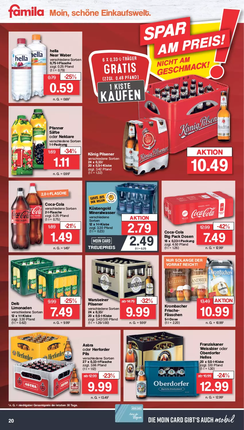 Aktueller Prospekt Famila - Prospekte - von 24.10 bis 29.10.2022 - strona 20 - produkty: Alwa, Astra, bier, coca-cola, cola, deit, eis, elle, flasche, franziskaner, hella, könig pilsener, krombache, krombacher, küstengold, limo, limonade, limonaden, mineralwasser, Nektar, pfanne, Pfanner, pils, pilsener, reis, säfte, steiner, Ti, warsteiner, wasser, weissbier, ZTE