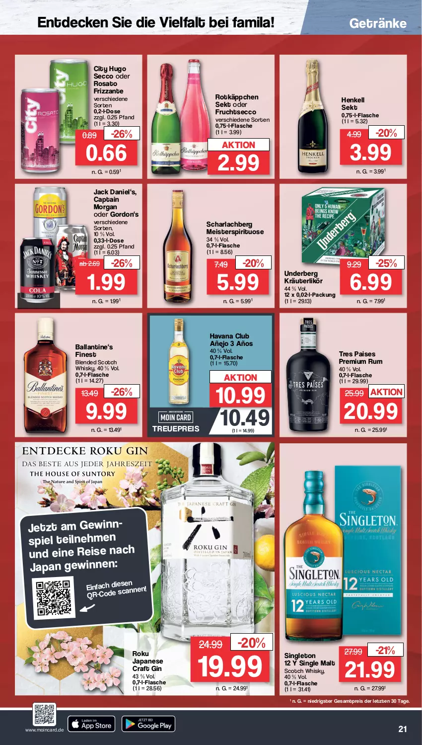 Aktueller Prospekt Famila - Prospekte - von 24.10 bis 29.10.2022 - strona 21 - produkty: arla, ball, blended scotch, blended scotch whisky, Cap, captain morgan, decke, ecco, eis, flasche, frizzante, frucht, fruchtsecco, getränk, getränke, gewinnspiel, gin, gordon, Havana Club, henkel, henkell, henkell sekt, hugo, jack daniel, kräuter, kräuterlikör, likör, Meister, reis, rosato, rotkäppchen, rum, scotch, scotch whisky, sekt, single malt, Ti, underberg, whisky, ZTE