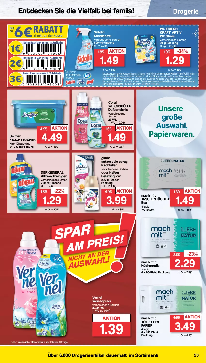 Aktueller Prospekt Famila - Prospekte - von 24.10 bis 29.10.2022 - strona 23 - produkty: allzweckreiniger, auer, auto, Coral, coupon, coupons, decke, eis, Elan, feuchttücher, flasche, Glade, henkel, kraft, küche, Küchen, küchenrolle, mac, papier, reifen, reiniger, reis, rel, sidolin, sofortrabatt, swiffer, Tasche, taschen, taschentücher, Ti, tücher, vernel, wc frisch, WC Frisch Kraft Aktiv, weck, weichspüler, ZTE