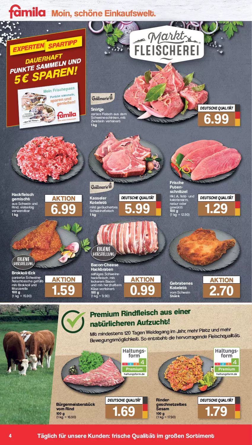 Aktueller Prospekt Famila - Prospekte - von 24.10 bis 29.10.2022 - strona 4 - produkty: bacon, braten, brokkoli, eis, fleisch, Germ, geschnetzeltes, gewürz, hackfleisch, hackfleisch gemischt, Käse, kasseler, kotelett, Meister, mit zwiebeln, mozzarella, natur, pute, putenschnitzel, rel, rind, rinder, rindfleisch, rwe, saft, schinken, schnitzel, schwein, schwein und rind, schweine, schweinefleisch, Schweinehackfleisch, sesam, Tasche, Ti, wein, weine, Zelt, zwiebel, zwiebeln