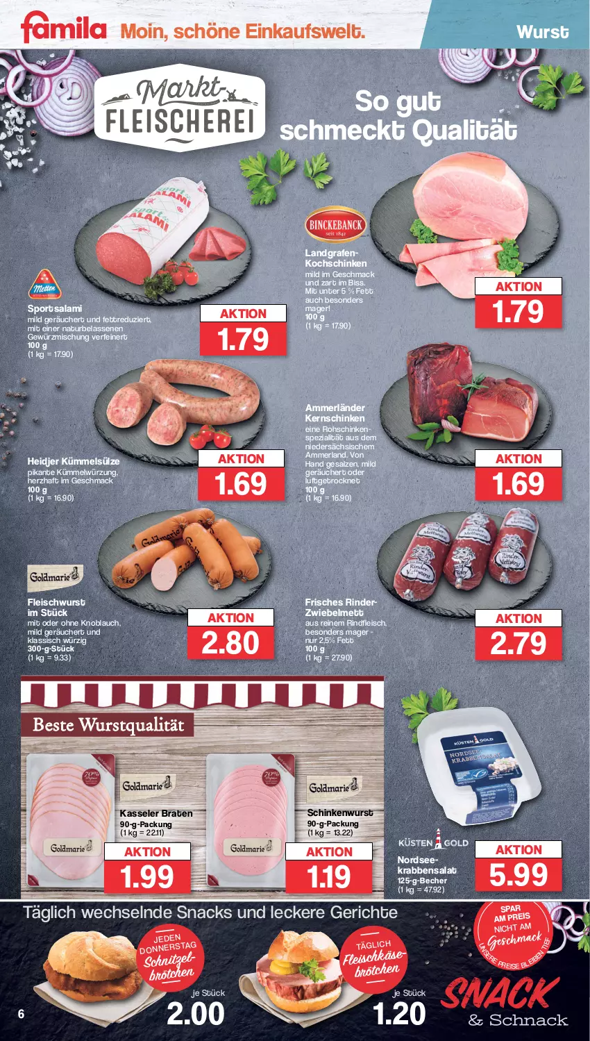 Aktueller Prospekt Famila - Prospekte - von 24.10 bis 29.10.2022 - strona 6 - produkty: ammerländer, Becher, braten, brötchen, eis, fleisch, fleischwurst, gewürz, Gewürzmischung, kasseler, kernschinken, knoblauch, kochschinken, mac, merl, Mett, mit oder ohne knoblauch, natur, Nordsee, reis, rind, rinder, rindfleisch, rohschinken, salami, salat, salz, schinken, schinkenwurst, schnitzel, snack, snacks, Spezi, Sport, Ti, wurst, zwiebel