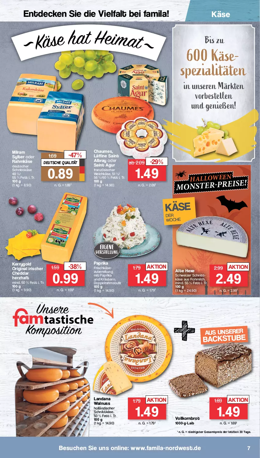 Aktueller Prospekt Famila - Prospekte - von 24.10 bis 29.10.2022 - strona 7 - produkty: albray, brot, chaumes, cheddar, decke, deutscher schnittkäse, doppelrahmstufe, eis, elle, französischer weichkäse, frischkäse, gin, holländischer schnittkäse, Käse, kerrygold, korn, Kornbrot, kräuter, kräutern, milch, milram, mit paprika, monster, nuss, paprika, reis, Saint Agur, saint albray, schnittkäse, Spezi, stube, Sylter, Ti, vollkornbrot, walnuss, weichkäse, ZTE