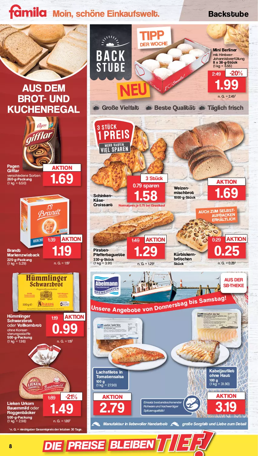 Aktueller Prospekt Famila - Prospekte - von 24.10 bis 29.10.2022 - strona 8 - produkty: auer, baguette, Bau, Bauer, berliner, brandt, brot, brötchen, Croissant, eis, Faktu, filet, filets, himbeer, kabeljaufilet, Käse, korn, Kornbrot, kuchen, Kürbis, lachs, lachsfilet, lachsfilets, lieken, Markenzwieback, pfeffer, regal, reis, Salsa, schinken, Schwarzbrot, spitzenqualität, stube, Ti, tomate, tomaten, urkorn, vollkornbrot, ZTE