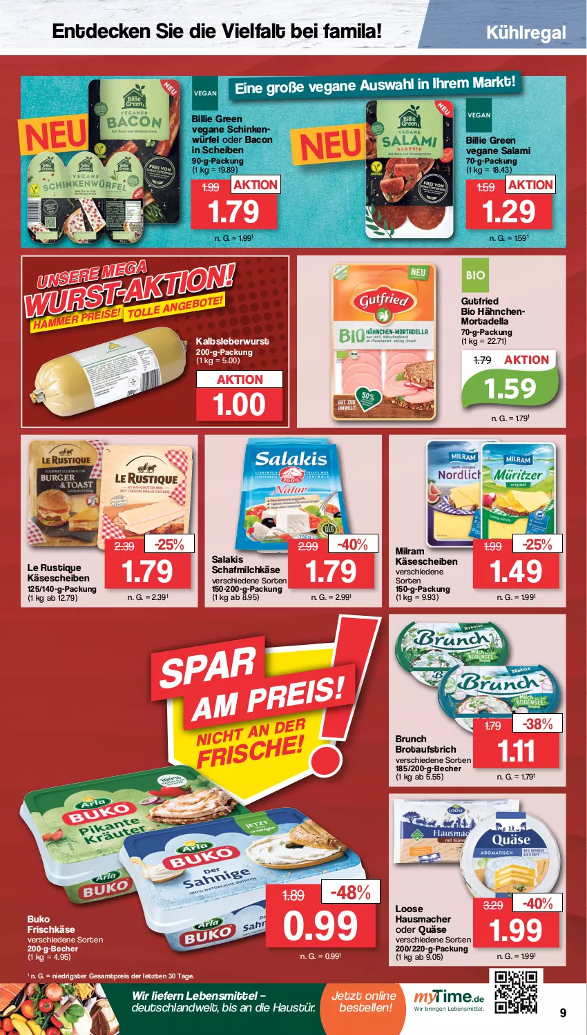 Aktueller Prospekt Famila - Prospekte - von 24.10 bis 29.10.2022 - strona 9 - produkty: aufstrich, aust, bacon, Becher, bio, brot, brotaufstrich, Buko, decke, dell, eis, elle, frischkäse, gutfried, Hausmacher, Kalbsleber, Kalbsleberwurst, Käse, käsescheiben, kühlregal, Le Rustique, lebensmittel, leberwurst, Loose, mac, milch, milram, mortadella, quäse, regal, reis, salakis, salami, schinken, Ti, würfel, wurst, ZTE