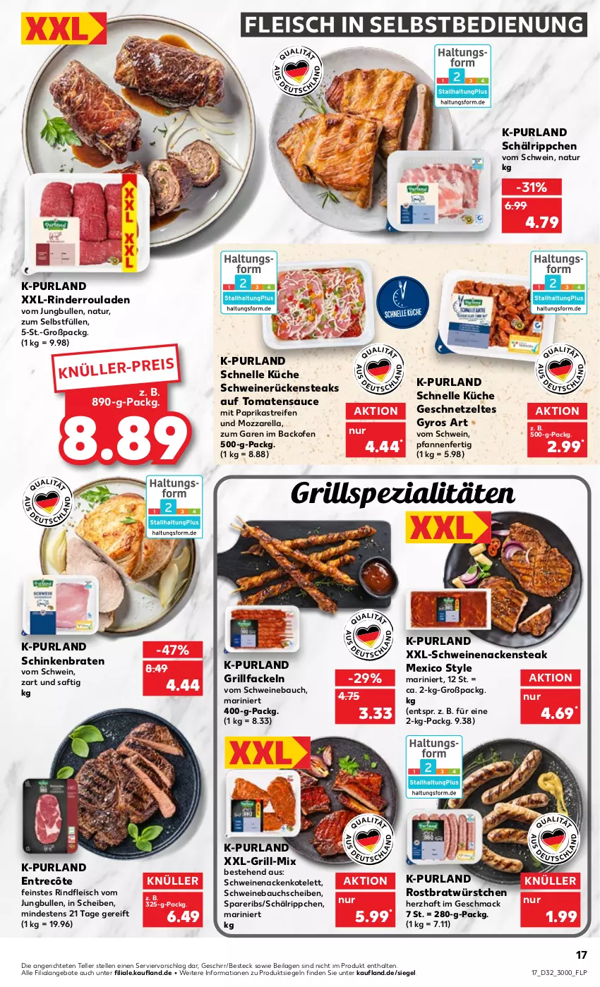 Aktueller Prospekt Kaufland - von 11.08 bis 17.08.2022 - strona 17 - produkty: angebot, angebote, backofen, Bau, bauchscheiben, besteck, braten, eis, elle, entrecôte, fleisch, fleisch in selbstbedienung, geschirr, geschnetzeltes, grill, grillfackeln, gyros, ilag, jungbullen, kotelett, küche, mac, mit paprika, mozzarella, Nackensteak, natur, Ofen, paprika, pfanne, pfannen, purland, reifen, rel, rind, rinder, Rinderroulade, rinderrouladen, rindfleisch, rouladen, Rückensteak, rückensteaks, saft, sauce, schinken, schinkenbraten, schwein, schweine, Schweinebauch, schweinebauchscheiben, schweinenacken, schweinerücken, spareribs, Spezi, steak, steaks, teller, Ti, tomate, tomaten, tomatensauce, wein, weine, würstchen, Zelt