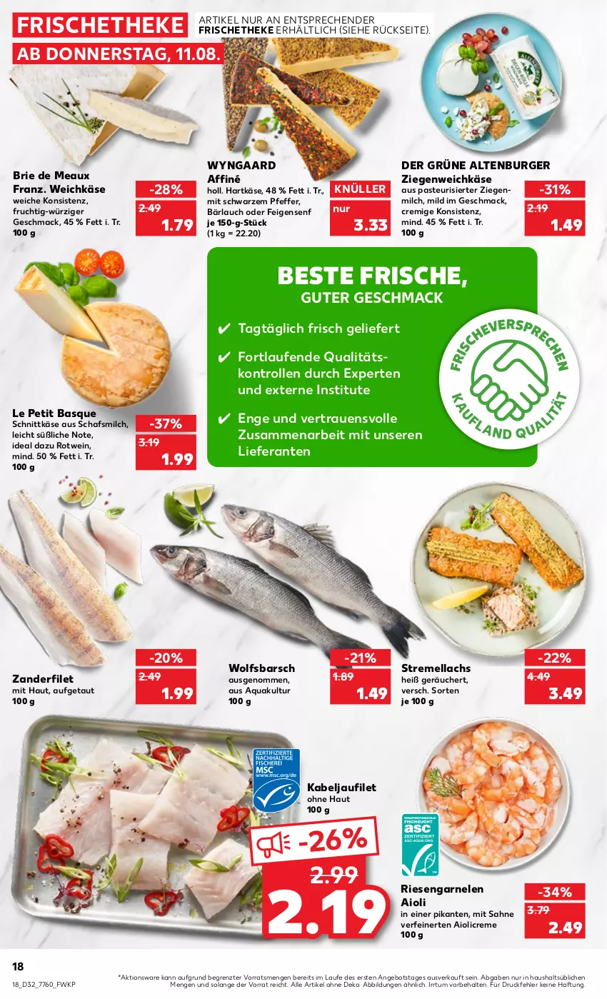 Aktueller Prospekt Kaufland - von 11.08 bis 17.08.2022 - strona 18 - produkty: aioli, altenburger, angebot, aqua, brie, burger, creme, Feigen, filet, frucht, garnelen, hartkäse, kabeljaufilet, Käse, lachs, Laufen, mac, milch, pfeffer, riesengarnelen, rotwein, sahne, schnittkäse, senf, Ti, weichkäse, wein, wolfsbarsch, Zander, ZTE