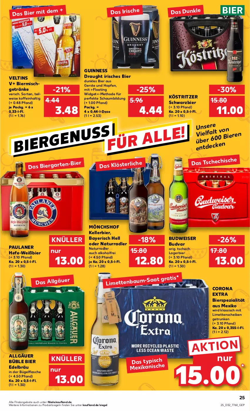 Aktueller Prospekt Kaufland - von 11.08 bis 17.08.2022 - strona 25 - produkty: alkohol, angebot, angebote, Bau, bier, Biere, budweiser, bügel, bügelflasche, corona, corona extra, eis, elle, flasche, getränk, getränke, Guinness, Hefe, kellerbier, köstritzer, Lagerbier, LG, limette, limetten, Mett, metten, mönchshof, natur, Paula, paulaner, radler, Spezi, Ti, veltins