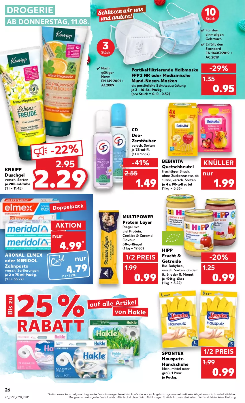 Aktueller Prospekt Kaufland - von 11.08 bis 17.08.2022 - strona 26 - produkty: angebot, bebivita, beutel, bio, Brei, caramel, cookie, cookies, deo, duschgel, eis, elmex, FFP2, frucht, hakle, handschuhe, hipp, kneipp, Maske, meridol, pasta, quetschbeutel, Rauch, reis, riegel, schuhe, snack, spontex, Ti, vita, zahnpasta, ZTE, zucker