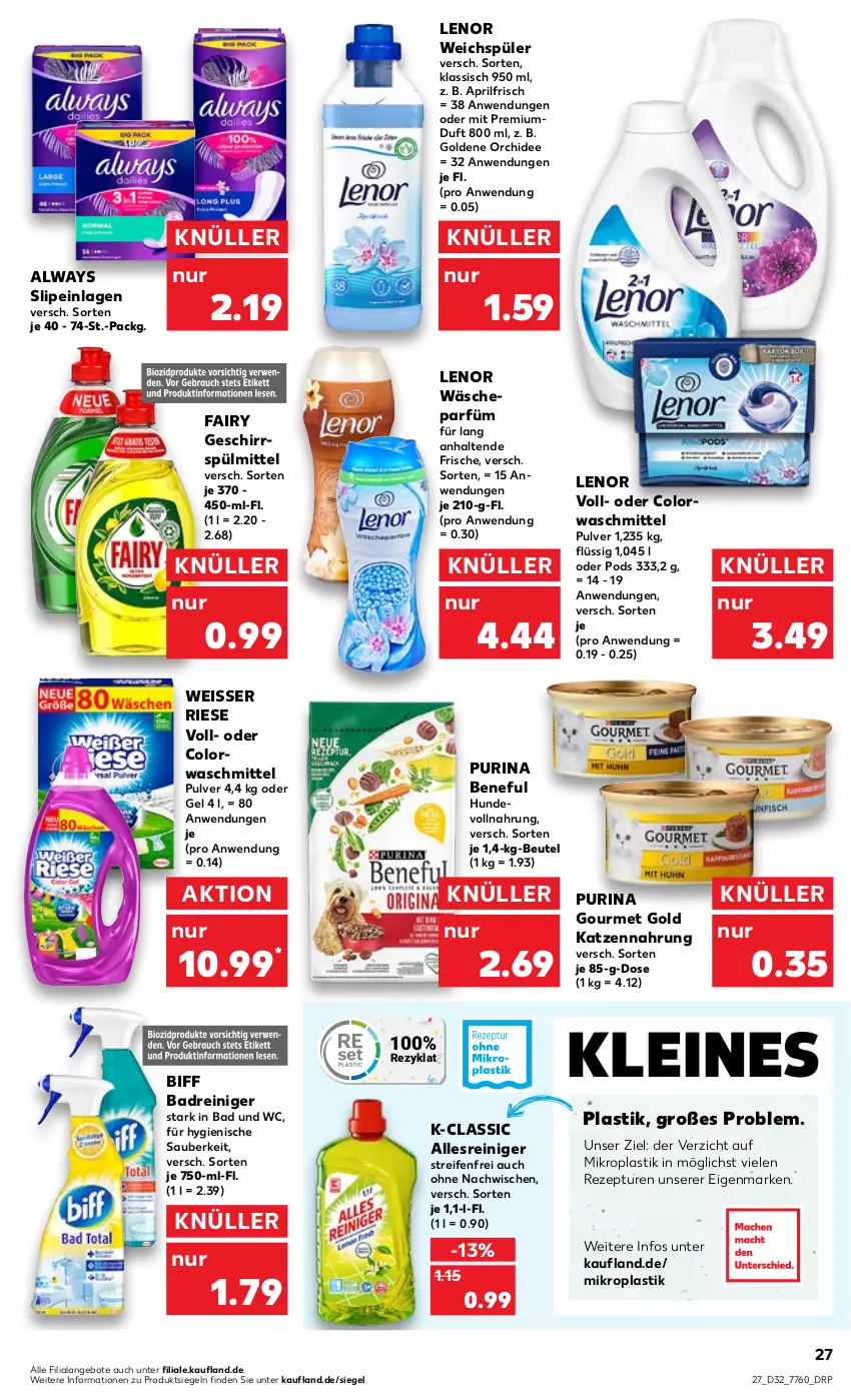 Aktueller Prospekt Kaufland - von 11.08 bis 17.08.2022 - strona 27 - produkty: Alwa, Always, angebot, angebote, asti, Bad, beutel, biff, colorwaschmittel, eis, fairy, geschirr, geschirrspülmittel, gourmet gold, katzennahrung, leine, lenor, lenor weichspüler, orchidee, Pods, pril, purina, reifen, reiniger, rezept, slip, slipeinlagen, spülmittel, Ti, wäscheparfüm, waschmittel, weichspüler, Weisser Riese