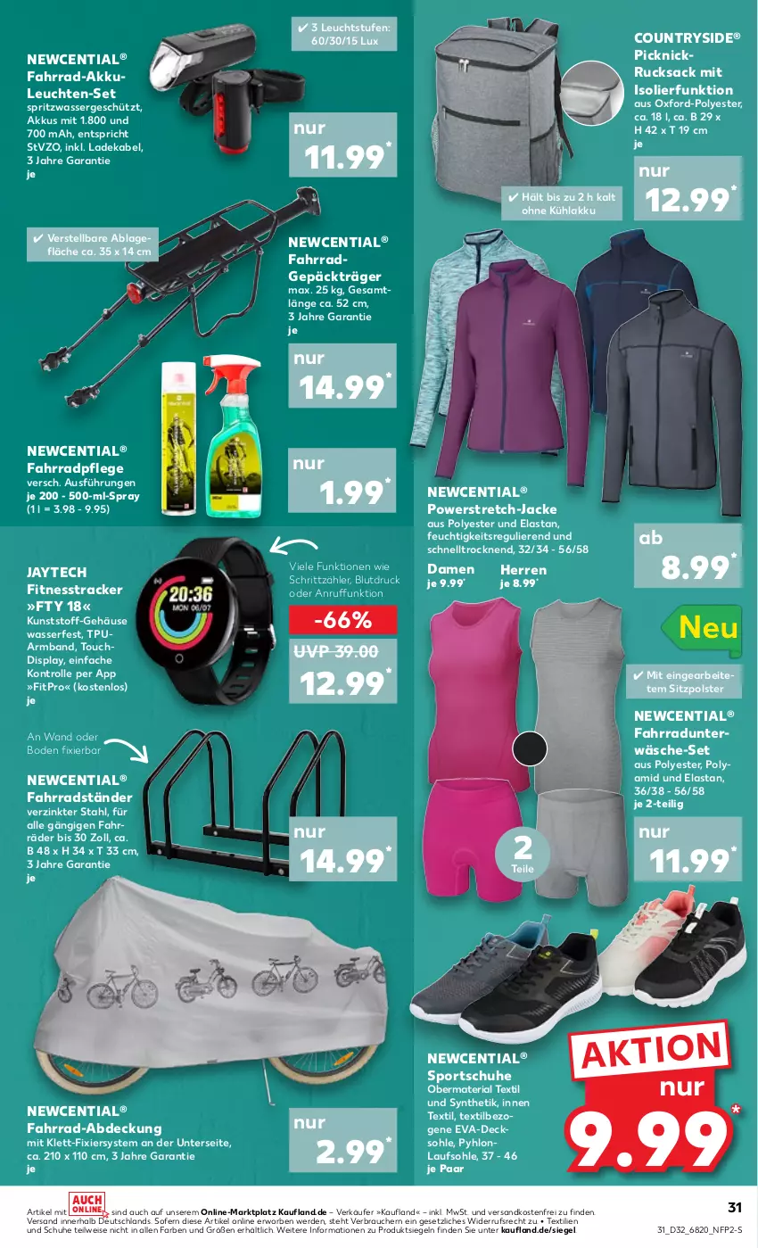 Aktueller Prospekt Kaufland - von 11.08 bis 17.08.2022 - strona 31 - produkty: akku, Armband, decksohle, deka, eis, erde, Fahrrad, fitnesstracker, Jacke, kühlakku, ladekabel, Leuchte, leuchten, ndk, Rauch, Ria, rucksack, sac, schuhe, Sport, sportschuhe, Ti, Unterwäsche, versandkostenfrei, wasser