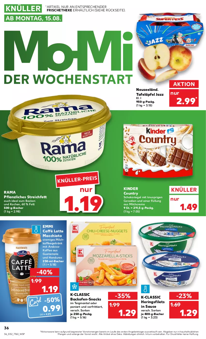 Aktueller Prospekt Kaufland - von 11.08 bis 17.08.2022 - strona 36 - produkty: ACC, angebot, backofen, Becher, caffè latte, cerealien, chia, creme, eis, emmi, filet, filets, getränk, hering, Herings, heringsfilets, kaffee, Kinder, kinder country, latte, latte macchiato, mac, macchiato, Mantel, milch, Ofen, rama, riegel, ring, sauce, schoko, schokoriegel, snack, snacks, tafeläpfel, Ti, ZTE