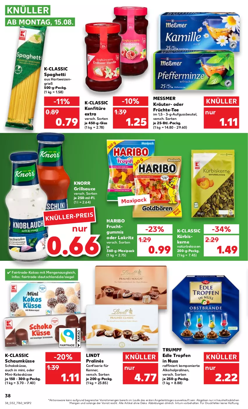 Aktueller Prospekt Kaufland - von 11.08 bis 17.08.2022 - strona 38 - produkty: alkohol, angebot, beutel, eis, frucht, früchte, fruchtgummi, fruchtgummis, grill, grillsauce, haribo, hartweizen, kakao, knorr, kokos, konfitüre, konfitüre extra, kräuter, Kürbis, kürbiskerne, Lakritz, lindt, natur, nuss, oder lakritz, pralinen, rum, sauce, schoko, spaghetti, tee, Ti, ZTE