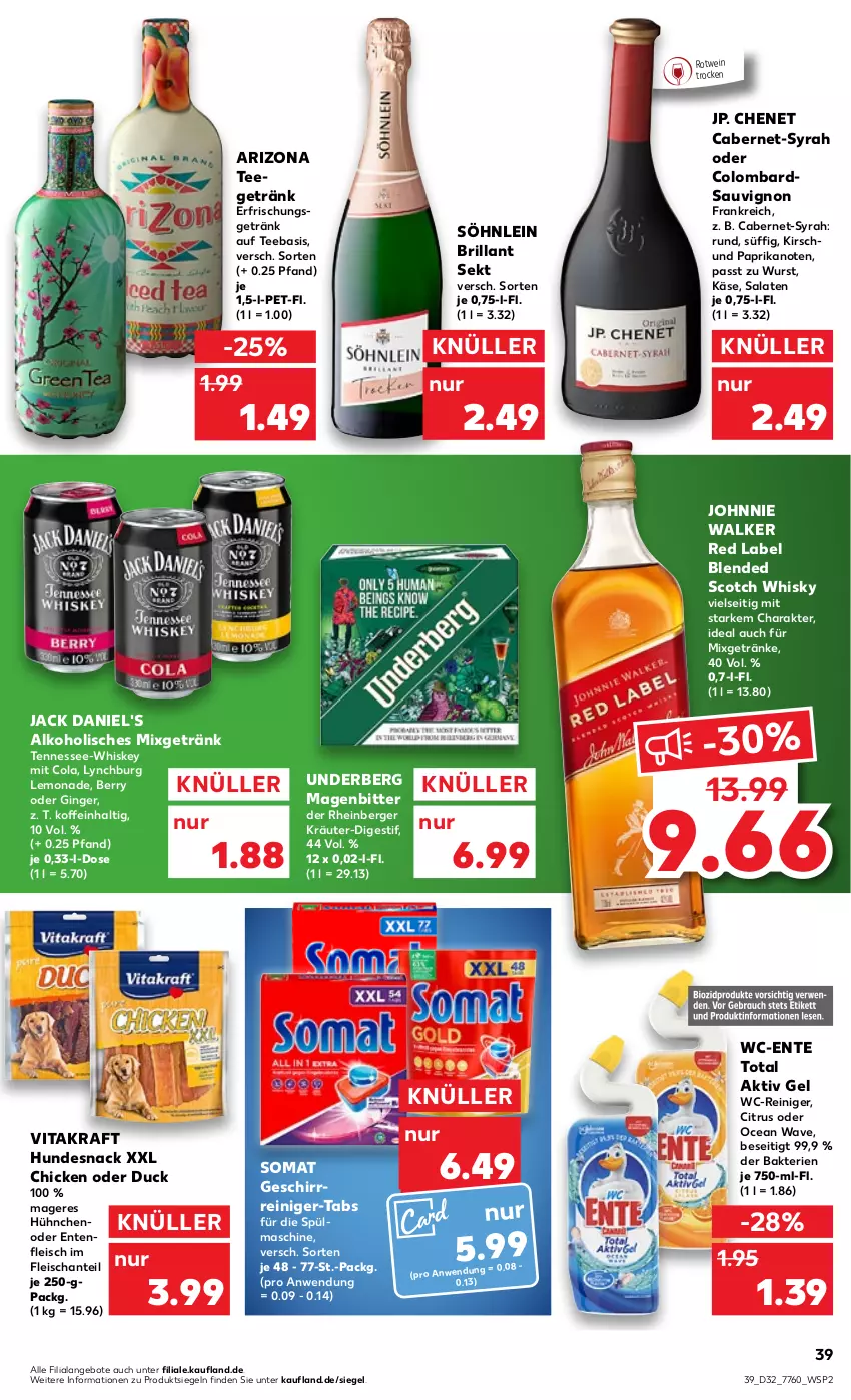 Aktueller Prospekt Kaufland - von 11.08 bis 17.08.2022 - strona 39 - produkty: aktiv gel, alkohol, angebot, angebote, Berger, blended scotch, blended scotch whisky, brillant sekt, cabernet, citrus, cola, Duck, eis, ente, erfrischungsgetränk, fleisch, geschirr, getränk, getränke, gin, ginger, hundesnack, jack daniel, jack daniel's, johnnie walker, Käse, kirsch, kraft, kräuter, lemonade, Mixgetränk, paprika, reiniger, rotwein, salat, salate, sauvignon, scotch, scotch whisky, sekt, snack, söhnlein, söhnlein brillant, somat, tee, Ti, underberg, vita, vitakraft, wc-reiniger, wein, whiskey, whisky, wurst