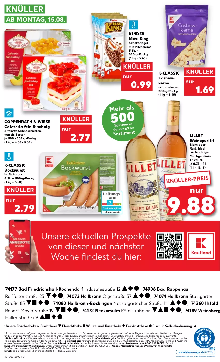 Aktueller Prospekt Kaufland - von 11.08 bis 17.08.2022 - strona 40 - produkty: angebot, angebote, aperitif, Astra, auer, Bad, bio, bockwurst, Cashew, cashewkerne, coppenrath, creme, drucker, eis, elle, Engel, erde, feinkost, feinkosttheke, fisch, fischtheke, fleisch, frucht, getränk, getränke, Käse, käsetheke, kerze, Kinder, Kinder Maxi, kinder maxi king, LG, lillet, milch, natur, reis, Ria, riegel, sahne, schnitten, schoko, schokoriegel, spirituosen, Ti, wein, wurst, ZTE