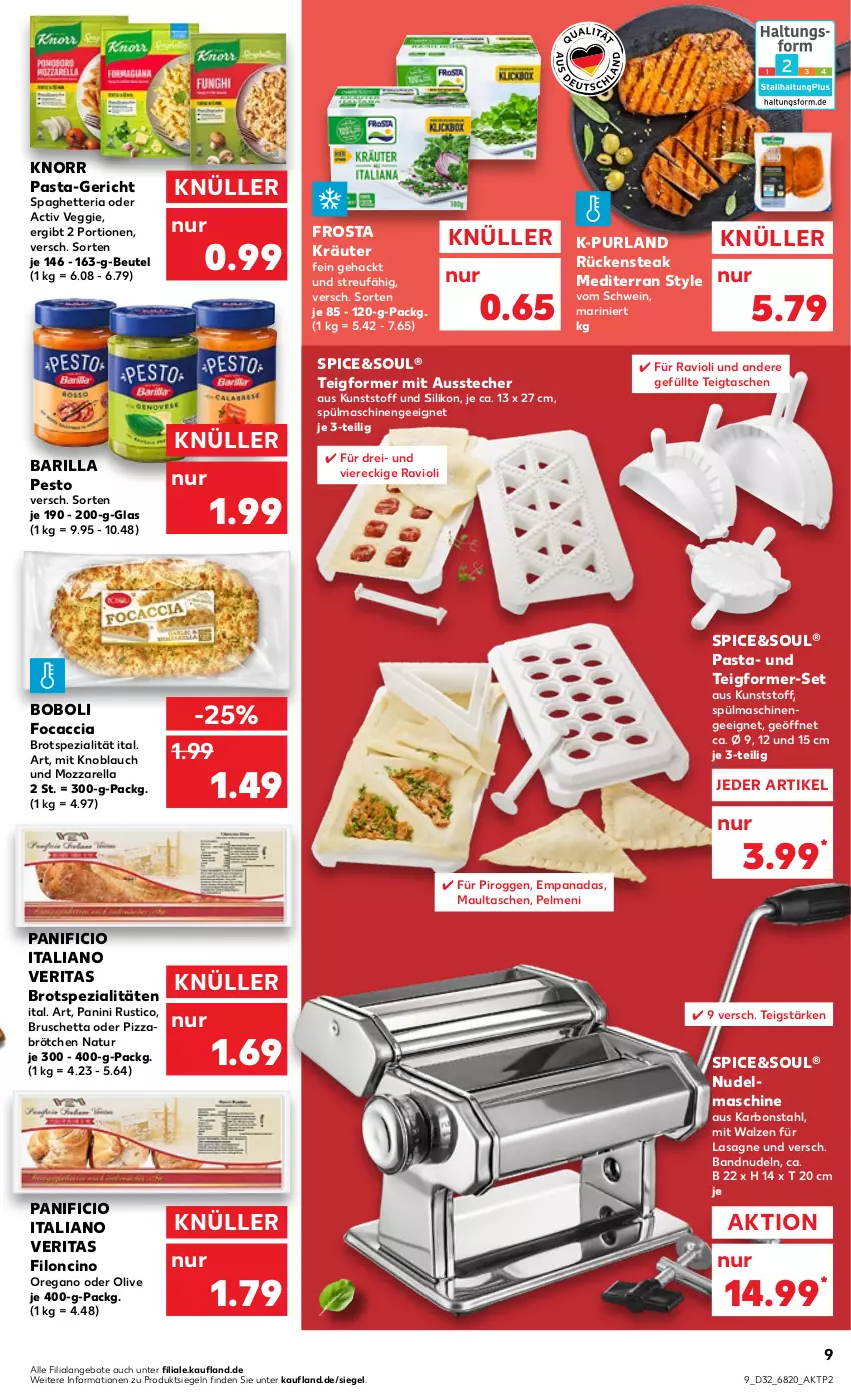 Aktueller Prospekt Kaufland - von 11.08 bis 17.08.2022 - strona 9 - produkty: ACC, angebot, angebote, Ausstecher, barilla, beutel, brot, brötchen, cin, Focaccia, frosta, knoblauch, knorr, knorr pasta, kräuter, lasagne, maultaschen, mit knoblauch, mozzarella, natur, nudel, nudeln, olive, pasta, pelmeni, pesto, pizza, purland, ravioli, rel, Ria, Rückensteak, schwein, Spezi, spülmaschinen, steak, Tasche, taschen, Ti, veggie, wein