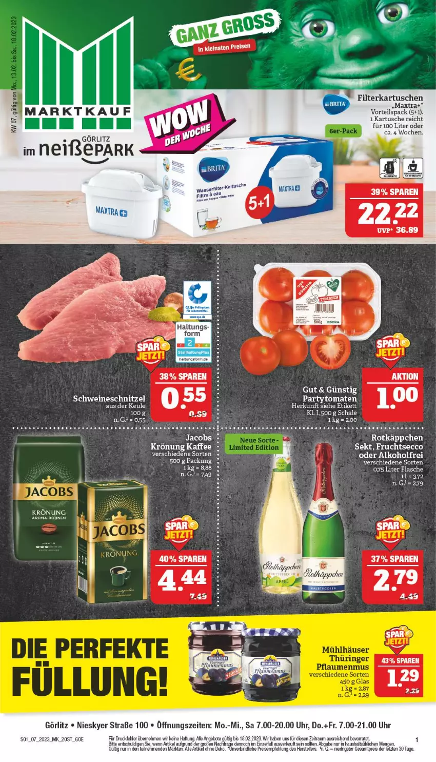 Aktueller Prospekt Marktkauf - Prospekt - von 12.02 bis 18.02.2023 - strona 1 - produkty: alkohol, angebot, angebote, bohne, bohnen, ecco, eier, eis, elle, filterkartuschen, flasche, frucht, fruchtsecco, jacobs, kaffee, Maxtra, reis, rotkäppchen, Schal, Schale, schnitzel, schwein, schweine, schweineschnitzel, sekt, tee, teller, Ti, tomate, tomaten, uhr, wein, weine, ZTE