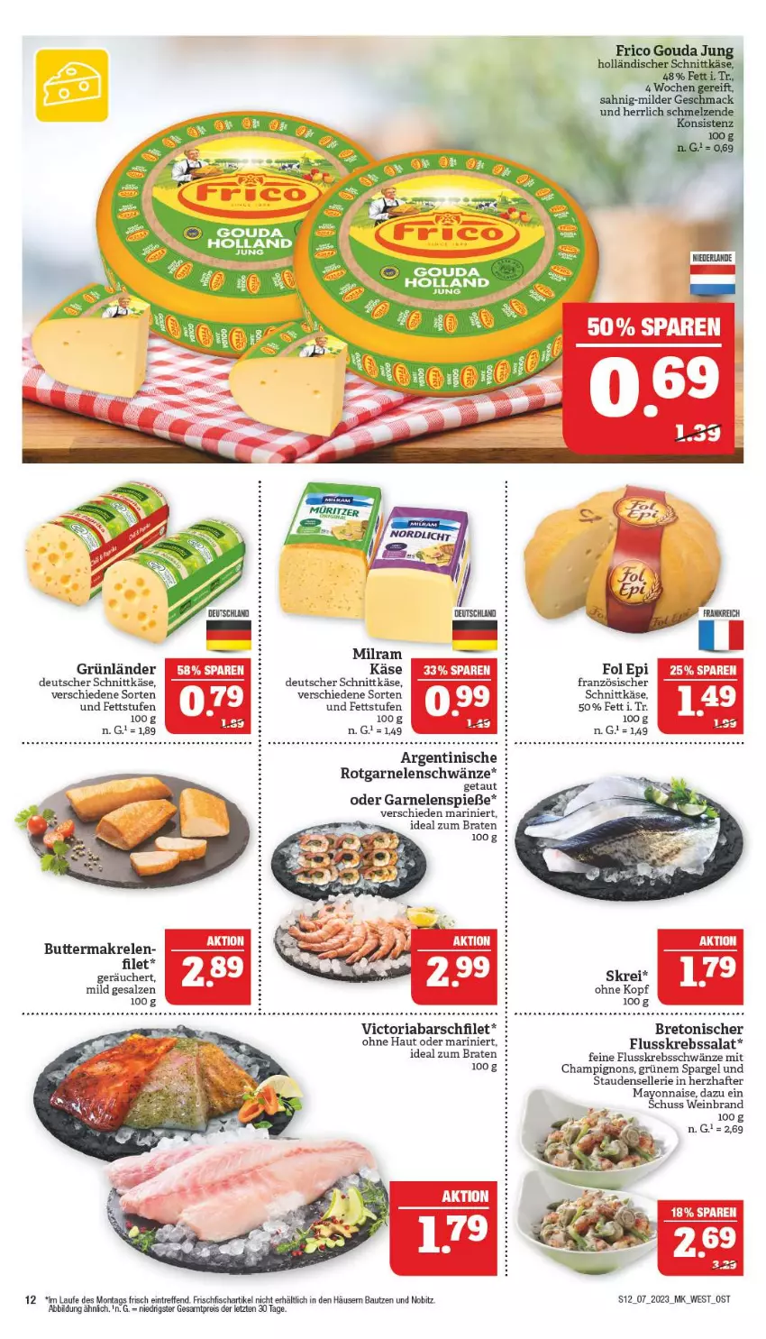 Aktueller Prospekt Marktkauf - Prospekt - von 12.02 bis 18.02.2023 - strona 12 - produkty: Bau, braten, butter, champignon, champignons, deutscher schnittkäse, eis, elle, filet, fisch, Flusskrebssalat, fol epi, frischfisch, garnelen, gouda, grünländer, ideal zum braten, Käse, Krebs, Makrele, mayonnaise, milram, reis, rel, Ria, salat, salz, schnittkäse, spargel, stauden, Ti, wein, weinbrand, Yo, ZTE