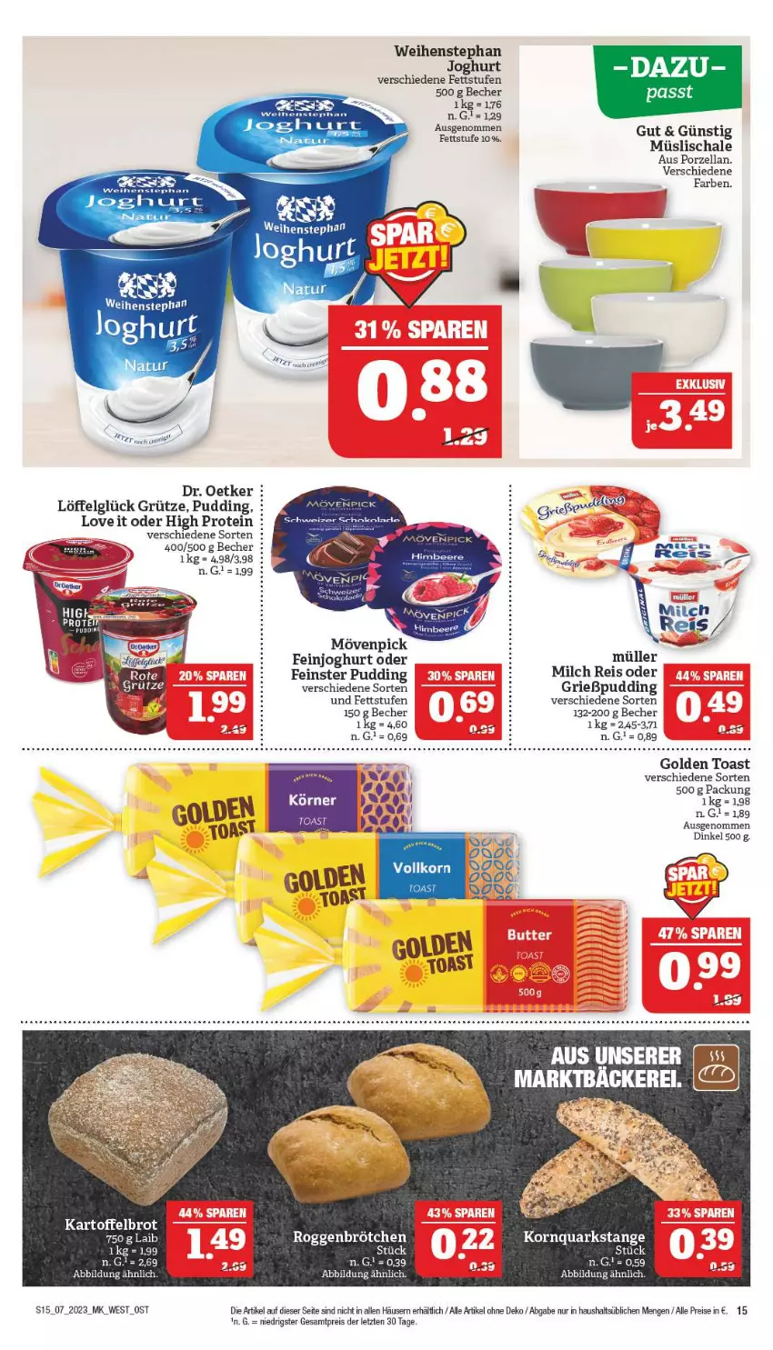 Aktueller Prospekt Marktkauf - Prospekt - von 12.02 bis 18.02.2023 - strona 15 - produkty: Becher, brot, Dr. Oetker, eis, feinjoghurt, golden toast, Grießpudding, grütze, joghur, joghurt, kartoffel, Kartoffelbrot, korn, LG, Löffel, milch, mövenpick, Müller, müsli, Müslischale, pudding, quark, reis, Schal, Schale, Ti, toast, weihenstephan, ZTE