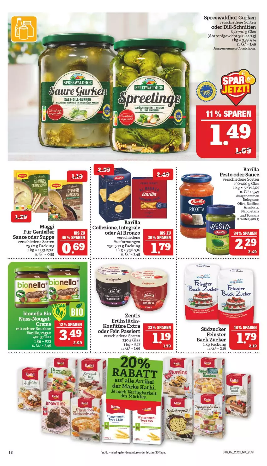 Aktueller Prospekt Marktkauf - Prospekt - von 12.02 bis 18.02.2023 - strona 18 - produkty: barilla, basilico, bio, bolognese, bourbon, creme, eis, frucht, gewürz, Gewürzgurke, gewürzgurken, gurke, gurken, konfitüre, konfitüre extra, kräuter, maggi, mehl, natur, ndk, nuss, olive, pesto, reis, salz, sauce, schmand, schnitten, spreewaldhof, südzucker, suppe, Ti, zentis, ZTE, zucker, zwiebel, zwiebeln