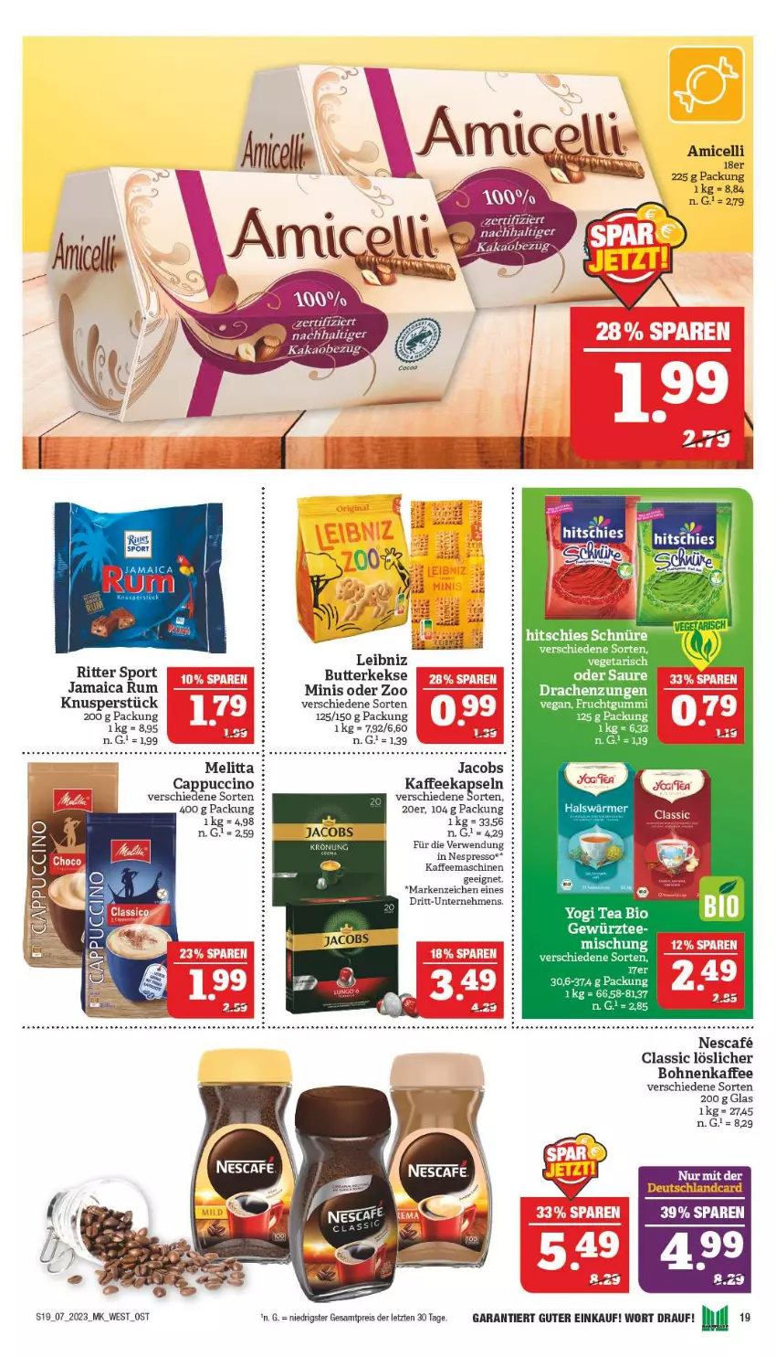 Aktueller Prospekt Marktkauf - Prospekt - von 12.02 bis 18.02.2023 - strona 19 - produkty: amicelli, bio, bohne, bohnen, bohnenkaffee, butter, butterkeks, Cap, cappuccino, cin, deutschlandcard, eier, eis, espresso, frucht, fruchtgummi, gewürz, jacobs, kaffee, kaffeekapseln, kaffeemaschine, keks, kekse, leibniz, löslicher bohnenkaffee, melitta, nespresso, reis, ritter, ritter sport, rum, rwe, Sport, tee, Ti, Yo, ZTE