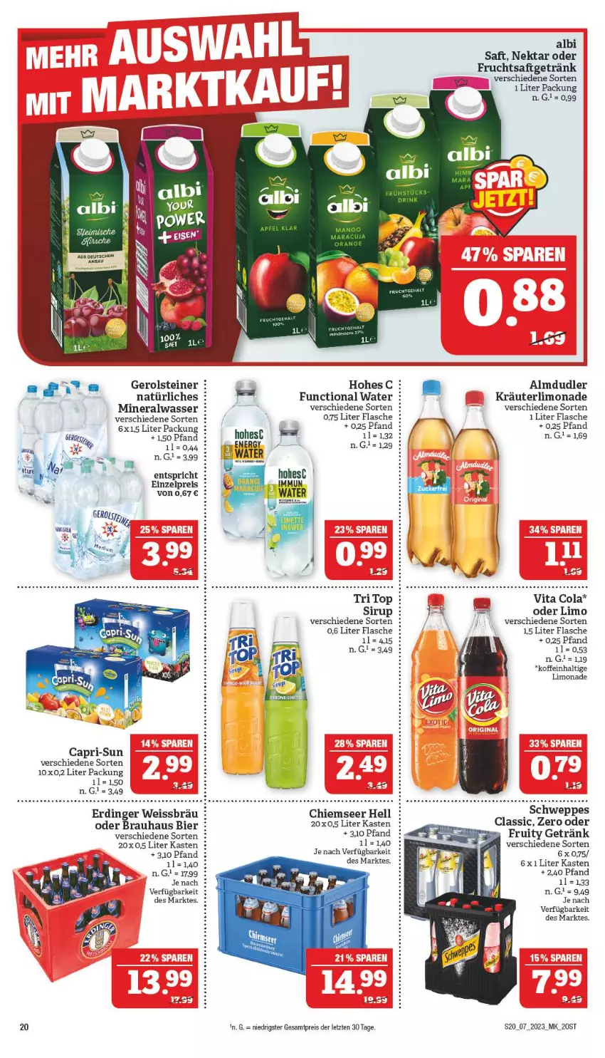 Aktueller Prospekt Marktkauf - Prospekt - von 12.02 bis 18.02.2023 - strona 20 - produkty: almdudler, Alwa, bier, Cap, capri-sun, cola, eis, erdinger, flasche, frucht, gerolsteine, gerolsteiner, getränk, kräuter, limo, limonade, mineralwasser, natürliches mineralwasser, Nektar, reis, saft, schweppes, sirup, steiner, Ti, vita, Vita C, wasser, ZTE