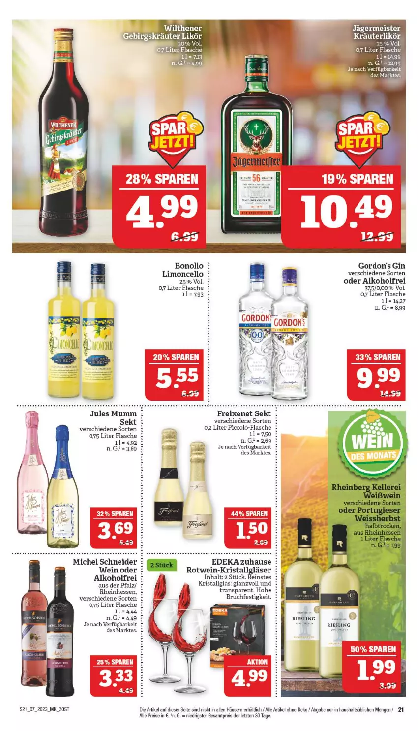 Aktueller Prospekt Marktkauf - Prospekt - von 12.02 bis 18.02.2023 - strona 21 - produkty: alkohol, deka, eis, flasche, freixenet, Germ, gin, Gläser, gordon, gordon's, jägermeister, jules mumm, kräuter, kräuterlikör, LG, likör, limo, Meister, Michel Schneider, mumm, reis, riesling, rotwein, sekt, Ti, wein, wilthener, ZTE