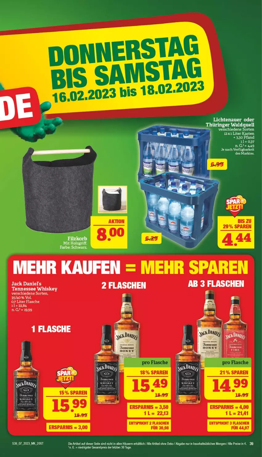 Aktueller Prospekt Marktkauf - Prospekt - von 12.02 bis 18.02.2023 - strona 39 - produkty: auer, eis, flasche, jack daniel, jack daniel's, korb, lichtenauer, reis, ring, Ti, ZTE