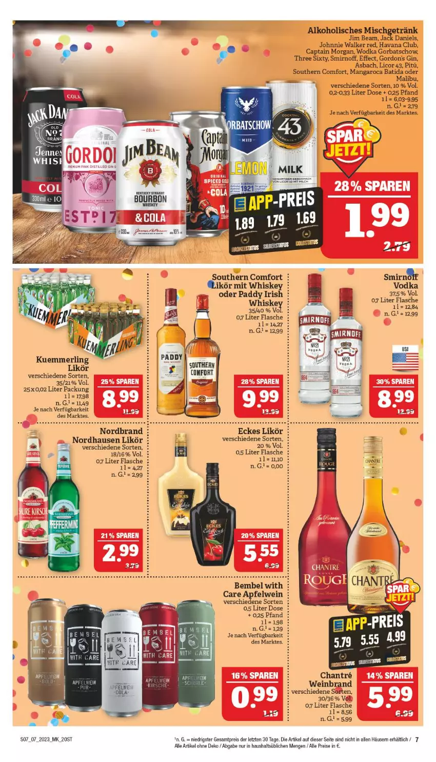 Aktueller Prospekt Marktkauf - Prospekt - von 12.02 bis 18.02.2023 - strona 7 - produkty: alkohol, apfel, apfelwein, batida, Cap, captain morgan, Effect, eis, flasche, getränk, gin, Gorbatschow, gordon, gordon's, Havana Club, jack daniel, jack daniels, jim beam, johnnie walker, kuemmerling, licor, licor 43, likör, mac, Malibu, mangaroca, merl, nordbrand, reis, smirnoff, Southern Comfort, Three Sixty, Ti, vodka, wein, weinbrand, whiskey, wodka, ZTE