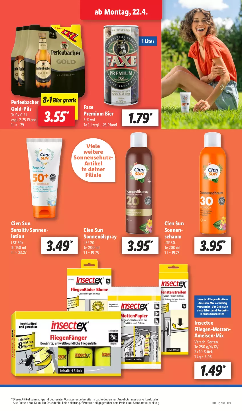 Aktueller Prospekt Lidl - Aktionsprospekt - von 22.04 bis 27.04.2024 - strona 13 - produkty: angebot, axe, bier, Cien, eis, Liege, Lotion, perlen, pils, preisvorteil, Rauch, reis, rwe, sonnenschutz, Ti, ZTE