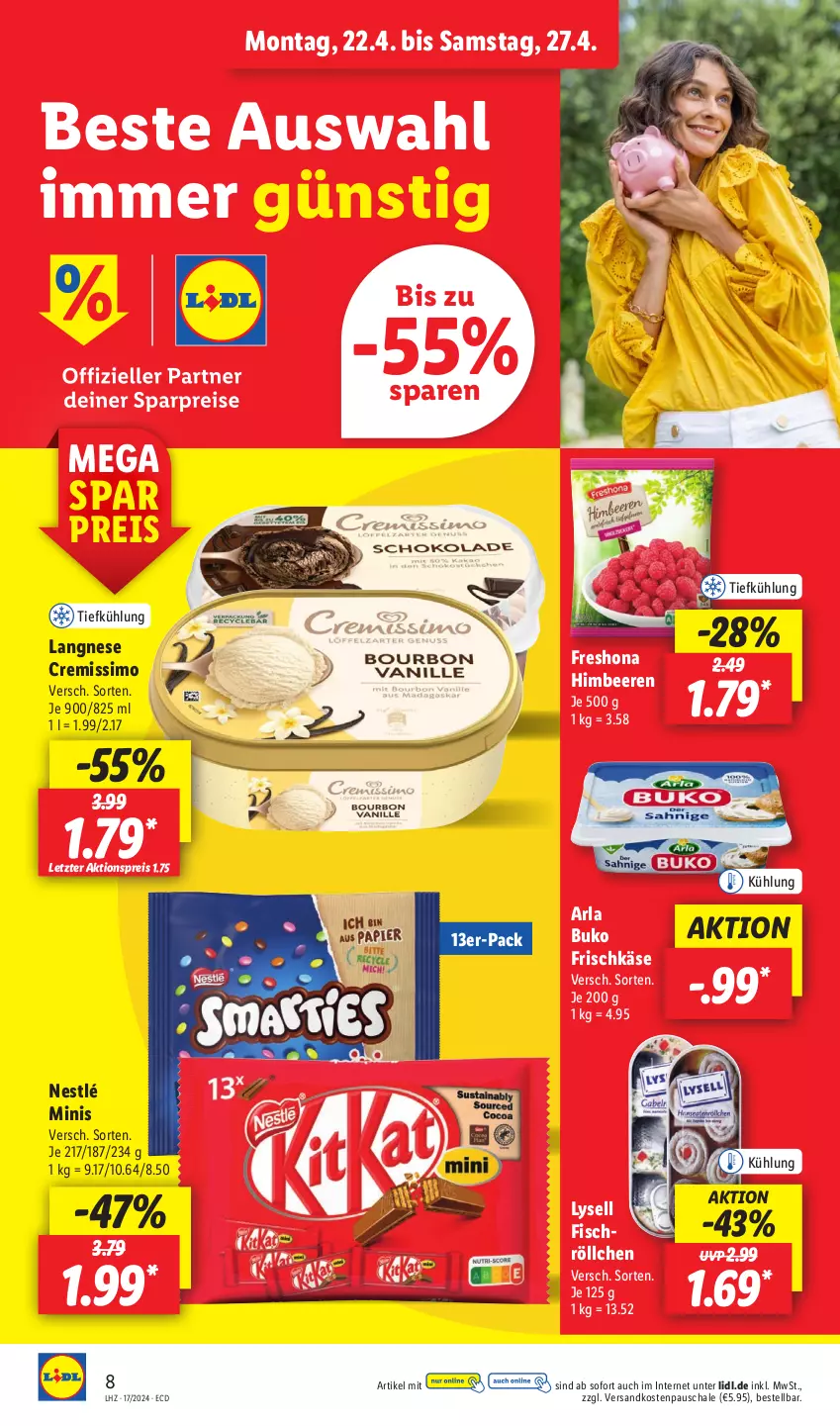 Aktueller Prospekt Lidl - Aktionsprospekt - von 22.04 bis 27.04.2024 - strona 14 - produkty: aktionspreis, arla, arla buko, beere, beeren, Buko, cremissimo, eis, fisch, frischkäse, himbeer, himbeere, himbeeren, Käse, langnese, langnese cremissimo, lysell, ndk, nestlé, reis, Schal, Schale, sim, Ti, ZTE