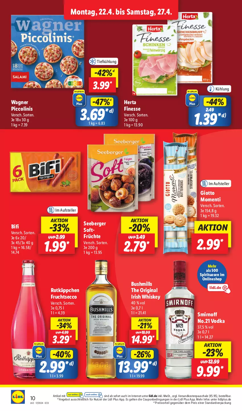 Aktueller Prospekt Lidl - Aktionsprospekt - von 22.04 bis 27.04.2024 - strona 16 - produkty: angebot, Berger, bifi, coupon, ecco, eis, elle, finesse, frucht, früchte, fruchtsecco, gin, giotto, herta, herta finesse, irish whiskey, ndk, piccolinis, preisvorteil, reis, rotkäppchen, Schal, Schale, seeberger, smirnoff, spirituosen, teller, Ti, vodka, wagner, whiskey