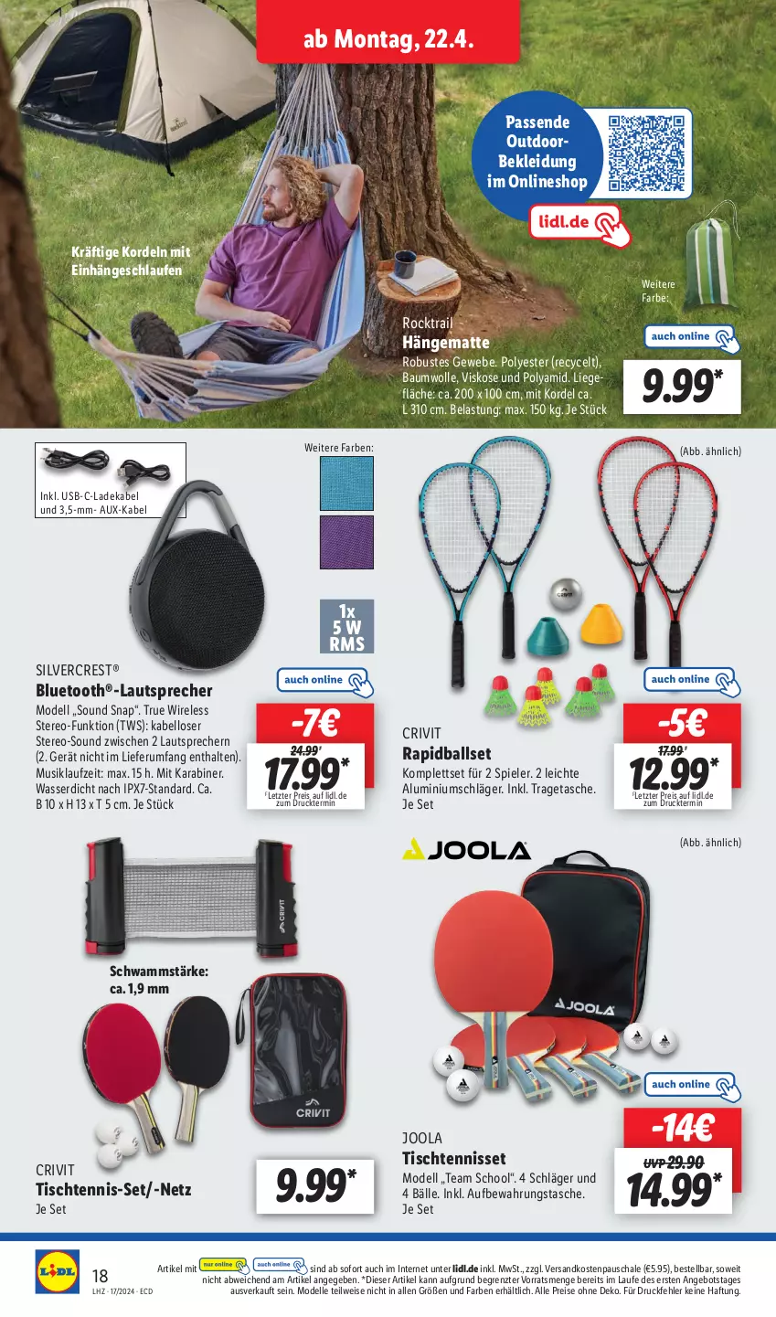 Aktueller Prospekt Lidl - Aktionsprospekt - von 22.04 bis 27.04.2024 - strona 22 - produkty: angebot, aufbewahrungstasche, ball, Bau, baumwolle, bluetooth®-lautsprecher, crivit, deka, dell, eis, elle, hängematte, kleid, Kleidung, ladekabel, Laufen, lautsprecher, Liege, Mode, ndk, reis, rel, rum, Schal, Schale, schwamm, silvercrest, Spiele, Tasche, Ti, tisch, tragetasche, usb, wasser, wolle, ZTE