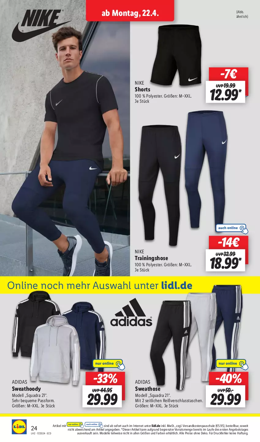 Aktueller Prospekt Lidl - Aktionsprospekt - von 22.04 bis 27.04.2024 - strona 28 - produkty: Adidas, angebot, dell, eis, elle, hose, Mode, ndk, Nike, quad, reis, Schal, Schale, shorts, Sweathose, Tasche, taschen, Ti, Trainingshose, ZTE