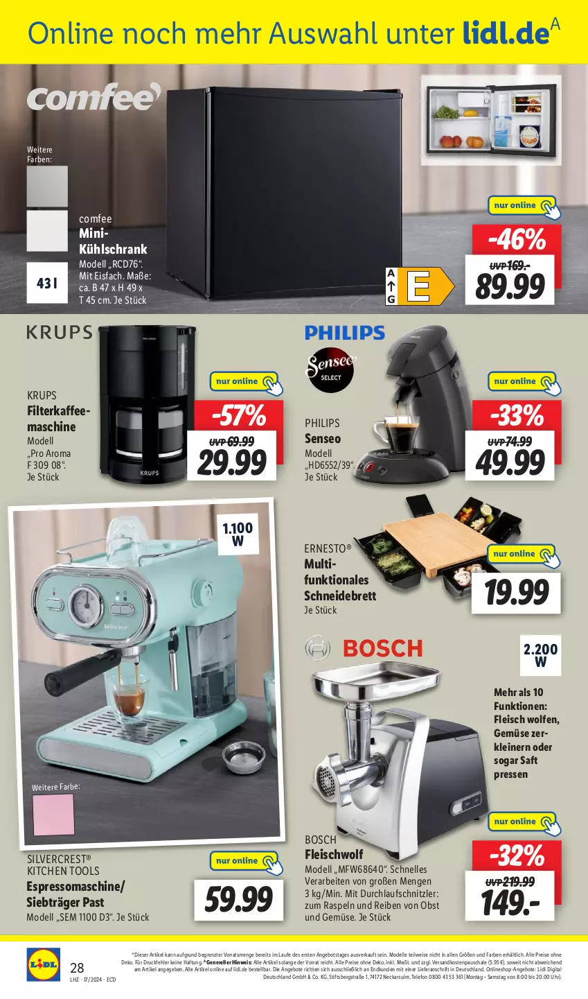 Aktueller Prospekt Lidl - Aktionsprospekt - von 22.04 bis 27.04.2024 - strona 34 - produkty: angebot, angebote, bosch, dell, eis, elle, ernesto, espresso, filterkaffee, fleisch, kaffee, kaffeemaschine, krups, kühlschrank, leine, Mode, ndk, obst, Obst und Gemüse, Philips, reis, rel, saft, Schal, Schale, schneidebrett, Schrank, senseo, silvercrest, telefon, Ti, uhr, und gemüse, ZTE