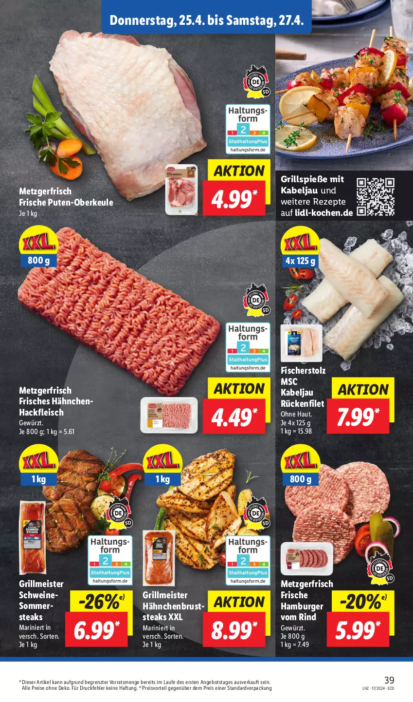 Aktueller Prospekt Lidl - Aktionsprospekt - von 22.04 bis 27.04.2024 - strona 49 - produkty: angebot, burger, eis, filet, fisch, fische, Fischer, fleisch, gewürz, grill, Grillspieße, hackfleisch, hähnchenbrust, hamburger, Meister, preisvorteil, pute, reis, rezept, rezepte, rind, schwein, schweine, steak, steaks, Ti, wein, weine, ZTE