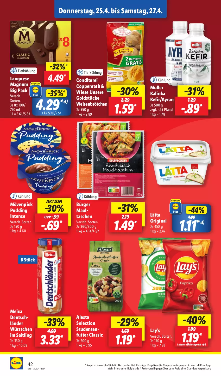 Aktueller Prospekt Lidl - Aktionsprospekt - von 22.04 bis 27.04.2024 - strona 52 - produkty: aktionspreis, alesto, angebot, Ayran, brötchen, coppenrath, coupon, eis, ente, gin, Goldstücke, Kefir, langnese, lätta, magnum, meica, mövenpick, Müller, preisvorteil, pudding, reis, Tasche, taschen, Ti, weizenbrötchen, würstchen, ZTE