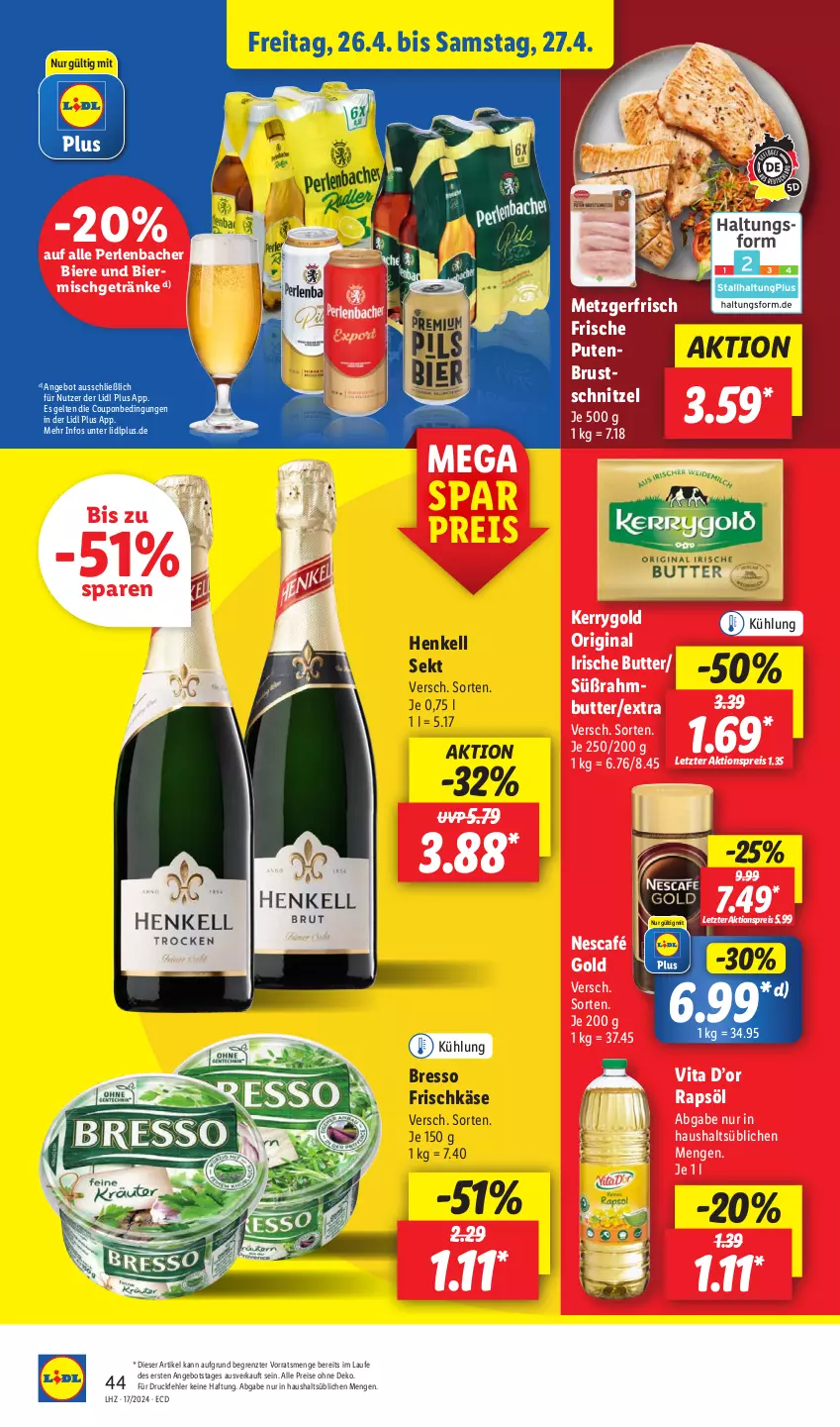 Aktueller Prospekt Lidl - Aktionsprospekt - von 22.04 bis 27.04.2024 - strona 54 - produkty: aktionspreis, angebot, bier, Biere, bresso, butter, coupon, drucker, eis, Engel, frischkäse, getränk, getränke, gin, henkel, henkell, henkell sekt, irische butter, Käse, kerrygold, kerze, Nescafé, nescafé gold, papier, perlen, pute, putenbrust, rapsöl, reis, schnitzel, sekt, Süßrahmbutter, Ti, vita, ZTE