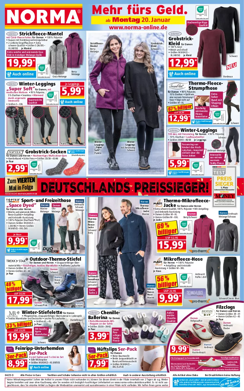 Aktueller Prospekt Norma - Norma - von 20.01 bis 27.01.2025 - strona 1 - produkty: asti, ball, Bau, baumwolle, Bebe, bett, blume, braun, Brei, Clogs, Coral, decksohle, dell, eis, Elan, elle, ente, Fleecehose, Fleecejacke, flieder, gin, hemd, hemden, hose, Jacke, kleid, leggings, LG, Mantel, Mode, ndk, obst, reine baumwolle, reis, reiss, Ria, rum, rwe, schuhe, slip, slips, socken, Spiele, Sport, Strickkleid, Strumpfhose, Sweathose, Tasche, taschen, Ti, Tipi, Unterhemd, unterhemden, wolle