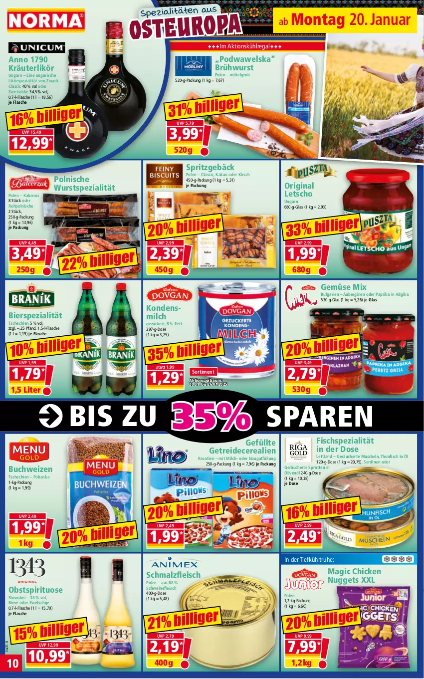 Aktueller Prospekt Norma - Norma - von 20.01 bis 27.01.2025 - strona 10 - produkty: aubergine, auberginen, bier, Brühwurst, buch, cerealien, chicken nuggets, eis, fisch, flasche, fleisch, Gemüse Mix, gin, HP, in olivenöl, kabanos, kakao, kirsch, kondensmilch, kräuter, kräuterlikör, kühlregal, Letscho, LG, likör, malz, milch, Muscheln, nuggets, obst, olive, oliven, olivenöl, paprika, regal, Sardinen, Schmalz, schwein, schweine, schweinefleisch, Spezi, Spritzgebäck, Sprotten, thunfisch, Ti, wein, weine, Wels, wurst, zucker