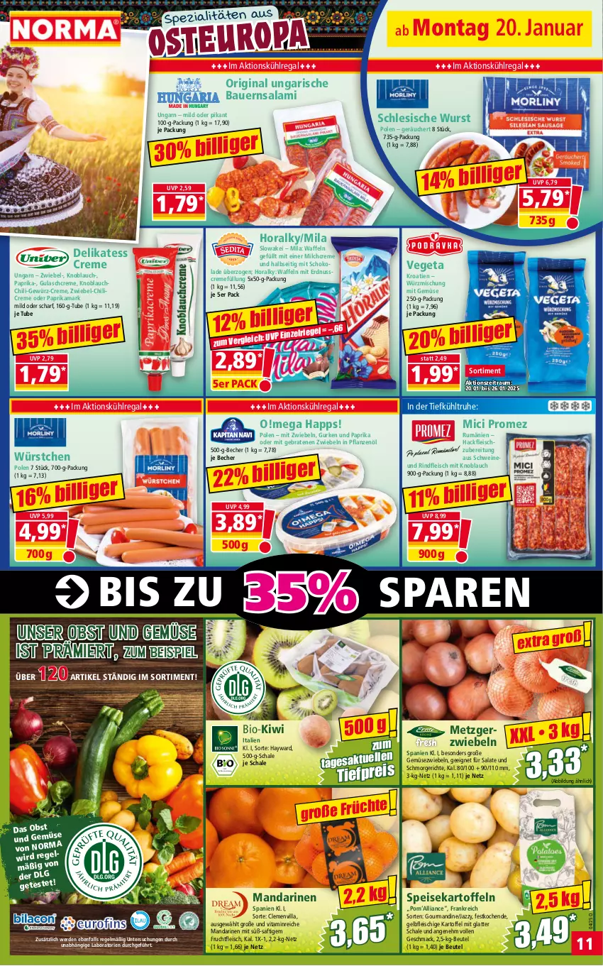 Aktueller Prospekt Norma - Norma - von 20.01 bis 27.01.2025 - strona 11 - produkty: auer, Bau, Bauer, Becher, beutel, bio, braten, chili, creme, eis, erde, erdnuss, fleisch, frucht, fruchtfleisch, Gemüsezwiebel, gewürz, gin, gulasch, Gulaschcreme, gurke, gurken, hackfleisch, kartoffel, kartoffeln, kiwi, knoblauch, kühlregal, latte, LG, mac, mandarine, mandarinen, milch, mit gemüse, mit knoblauch, mit zwiebeln, nuss, obst, Obst und Gemüse, paprika, pflanze, pflanzen, Pflanzenöl, regal, reis, riegel, rind, rindfleisch, rum, saft, salami, salat, salate, Schal, Schale, schoko, schokolade, schwein, schweine, speisekartoffeln, Spezi, Ti, tiefpreis, und gemüse, Vegeta, vita, waffeln, wein, weine, wurst, würstchen, zwiebel, zwiebeln