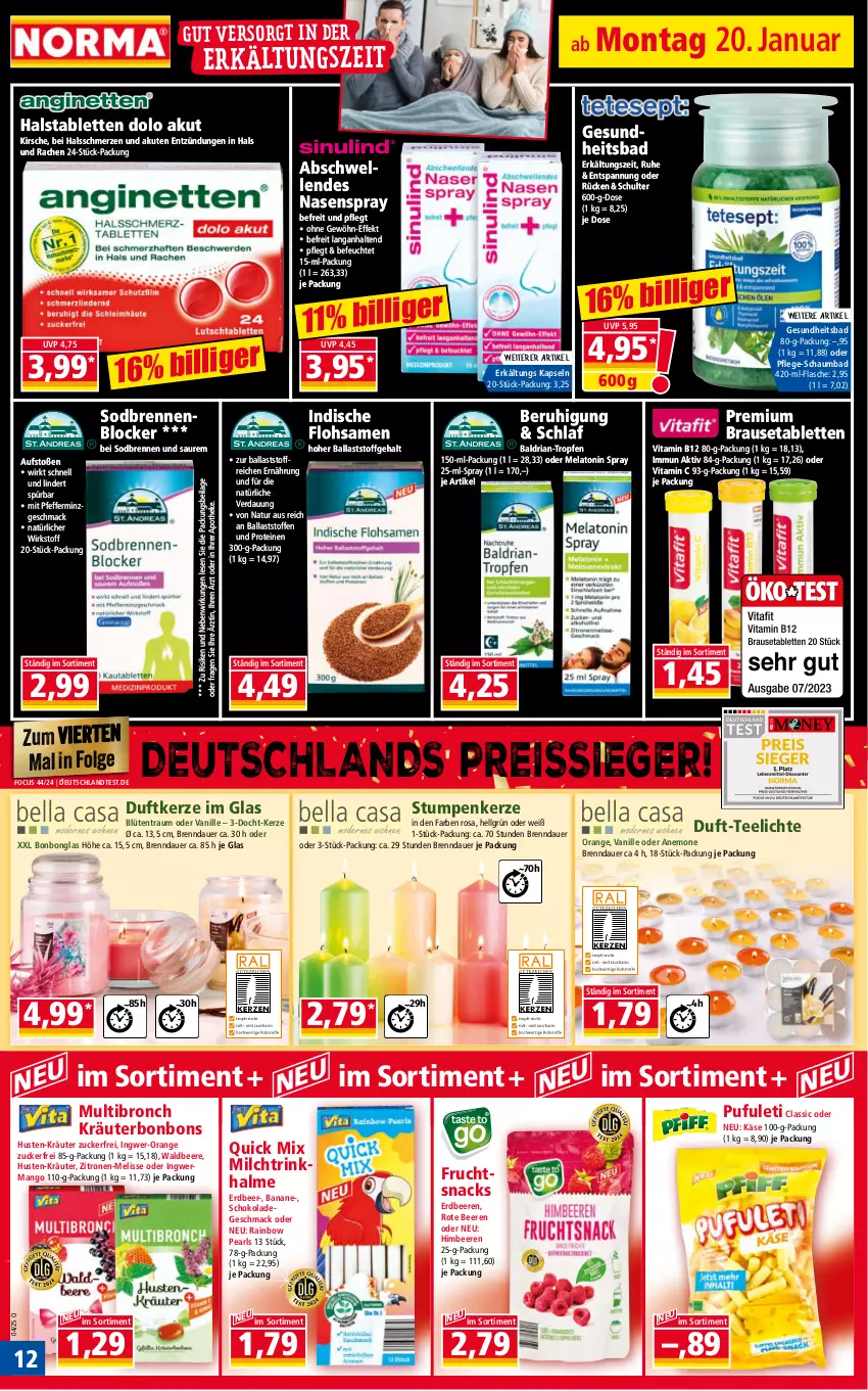 Aktueller Prospekt Norma - Norma - von 20.01 bis 27.01.2025 - strona 12 - produkty: Apotheke, auer, Bad, ball, banane, beere, beeren, Blüte, Bonbonglas, bonbons, brause, Brausetabletten, Duftkerze, eis, elle, erdbeere, erdbeeren, Erkältungs, flasche, frucht, Gesundheit, himbeer, himbeere, himbeeren, ilag, ingwer, Käse, kerze, kirsch, kirsche, kräuter, LG, mac, mango, milch, Nasenspray, natur, orange, pfeffer, reis, reiss, Ria, schaumbad, schoko, schokolade, snack, snacks, tablet, tablett, Tablette, tee, Teelicht, teelichte, Ti, Trinkhalme, vanille, vita, Vitamin B, Vitamin C, zitrone, zitronen, zucker