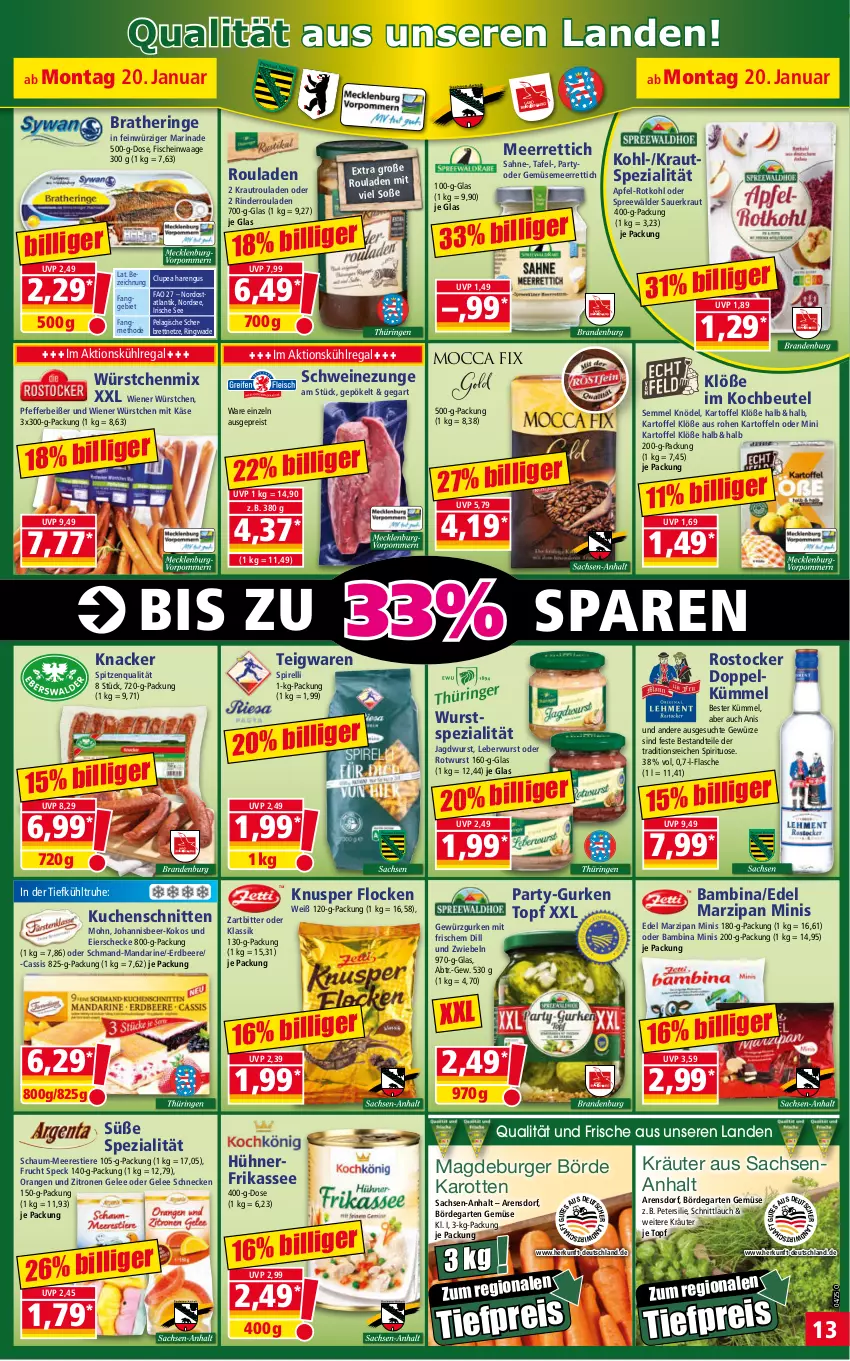 Aktueller Prospekt Norma - Norma - von 20.01 bis 27.01.2025 - strona 13 - produkty: apfel, auer, beere, beutel, Bratheringe, burger, cassis, eier, eis, erdbeere, fisch, fische, flasche, frucht, Garten, gelee, gewürz, Gewürzgurke, gewürzgurken, gurke, gurken, hering, hühner, jagdwurst, karotten, kartoffel, kartoffeln, Käse, knacker, Knödel, kochbeutel, kokos, Kraut, kräuter, kuchen, Kuchenschnitte, kühlregal, leberwurst, mandarine, marinade, marzipan, meerrettich, nerf, Nordsee, orange, orangen, petersilie, pfeffer, Pfefferbeißer, regal, reis, rel, Rettich, rind, rinder, Rinderroulade, rinderrouladen, ring, Rostocker, rotkohl, Rotwurst, rouladen, sac, sahne, Sauerkraut, schmand, schnitten, schnittlauch, schwein, schweine, Schweinezunge, Semmel, Soße, Speck, Spezi, spitzenqualität, spreewälder, Stier, teigwaren, Ti, tiefpreis, Tiere, topf, Waage, wein, weine, wiener, wiener würstchen, wurst, würstchen, Yo, zitrone, zitronen, zwiebel, zwiebeln