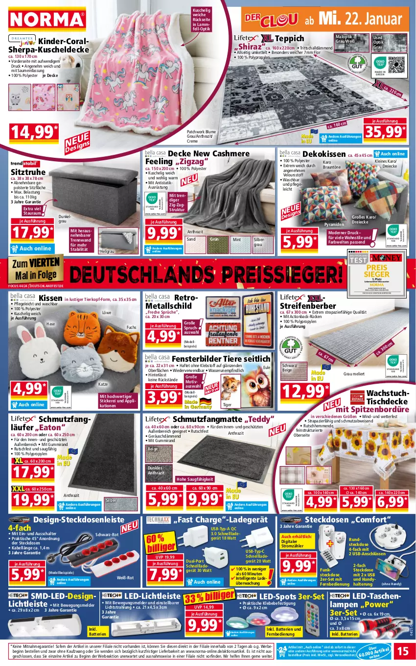 Aktueller Prospekt Norma - Norma - von 20.01 bis 27.01.2025 - strona 15 - produkty: batterie, batterien, Bebe, blume, braun, cashmere, Coral, creme, decke, dekokissen, dell, eis, elle, ente, fenster, fernbedienung, gin, Handy, Intel, Kette, Kinder, kissen, kuscheldecke, ladegerät, lamm, Lammfell, Lampe, Läufer, led-licht, leine, LG, Lusti, mint, mit fernbedienung, Mode, ndk, reifen, reis, reiss, Ria, rwe, Schal, schmutzfangmatte, schnellladegerät, Sitztruhe, Spiele, steckdose, Steckdosenleiste, Tasche, taschen, taschenlampe, teppich, Ti, Tiere, tisch, tischdecke, tuc, usb, wachstuch, wasser, ZTE